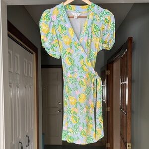 Lilly Pulitzer Short Puff Sleeve Mini Wrap Romper Lemons Flower Print Size M